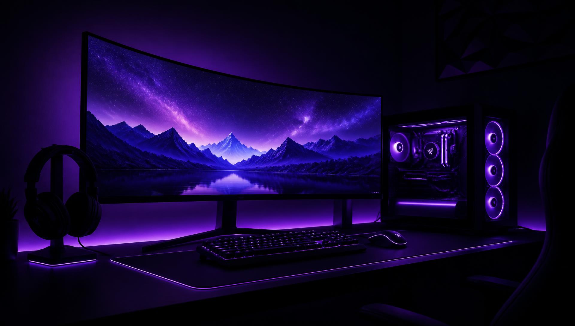 Setup gamer com iluminação RGB roxa, monitor ultrawide e periféricos premium